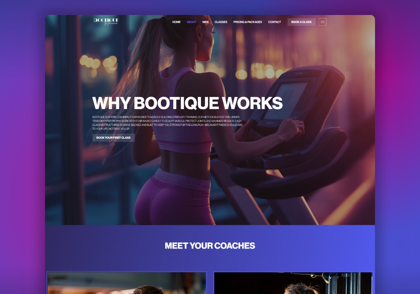 Fitness website page headed Why Bootique Works, showing a woman on a treadmill above a Meet Your Coaches link