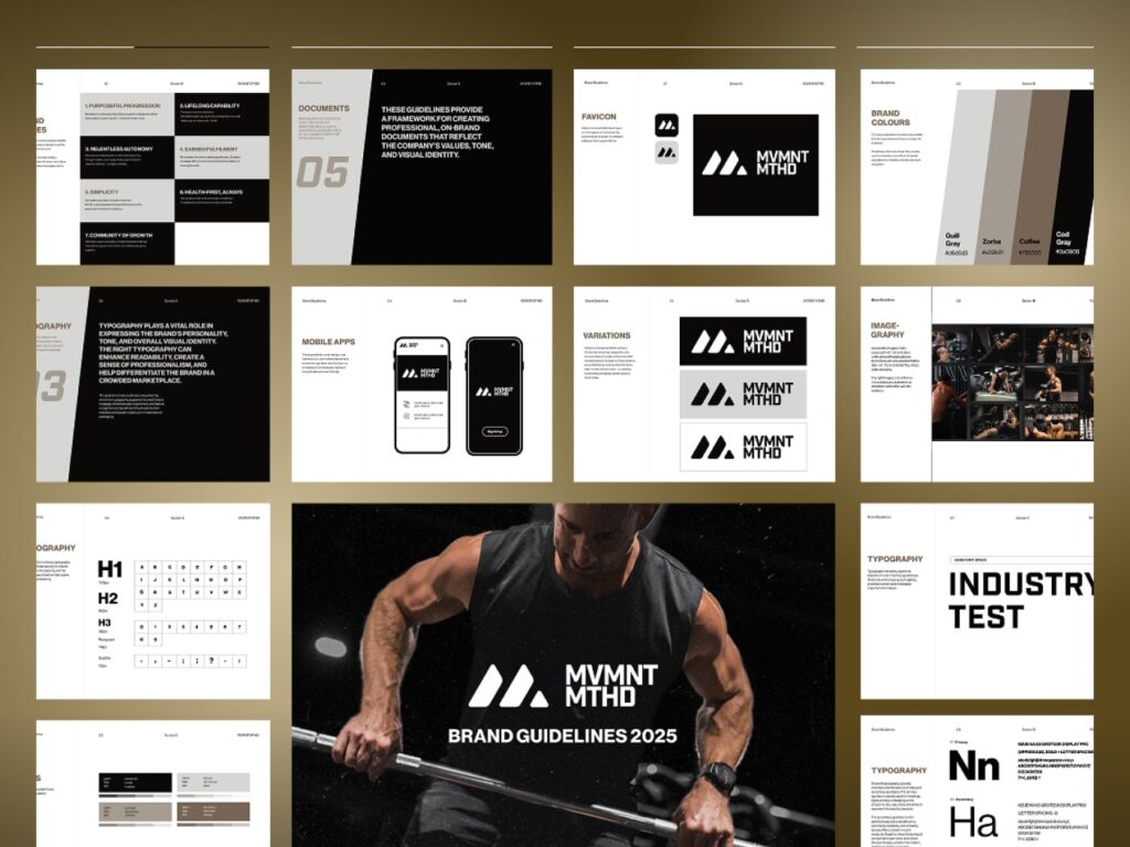 Core Concepts MVMNT MTHD brand guideline pages showing logo, typography and mobile app layouts around a photograph of a weightlifter
