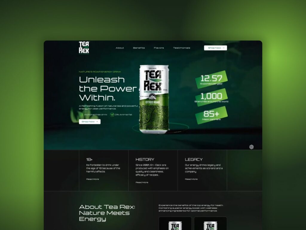 Core Concepts Tea Rex beverage website design headed Unleash the Power Within, showing a green energy drink can