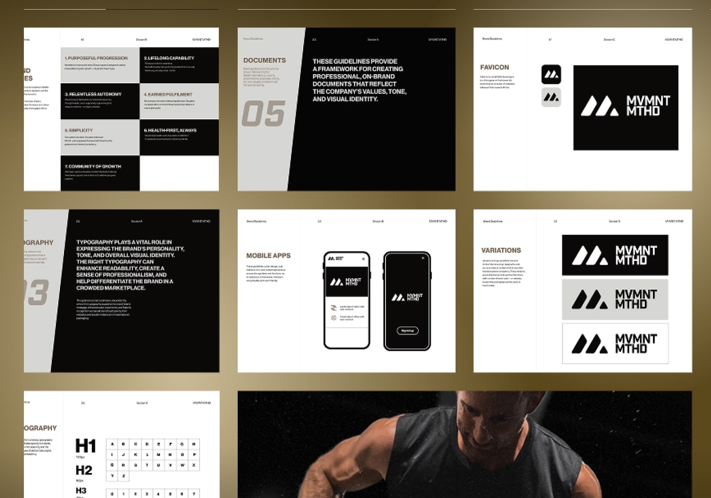 Further MVMNT MTHD brand guideline pages covering logo usage, type scale and photography