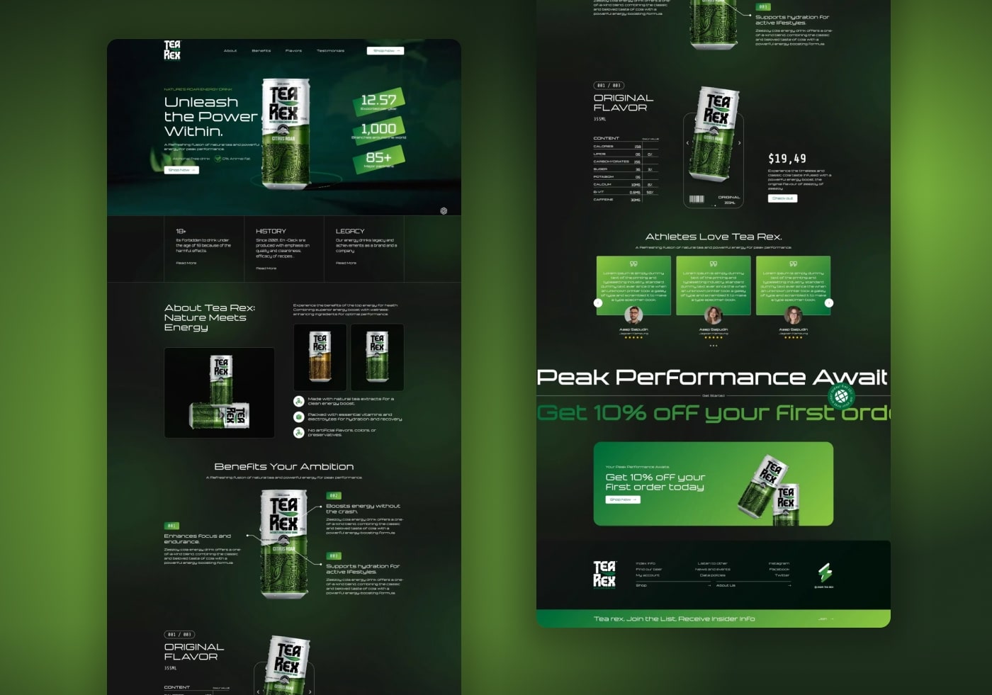 Tea Rex website pages showing the product range and a Peak Performance Awaits discount promotion