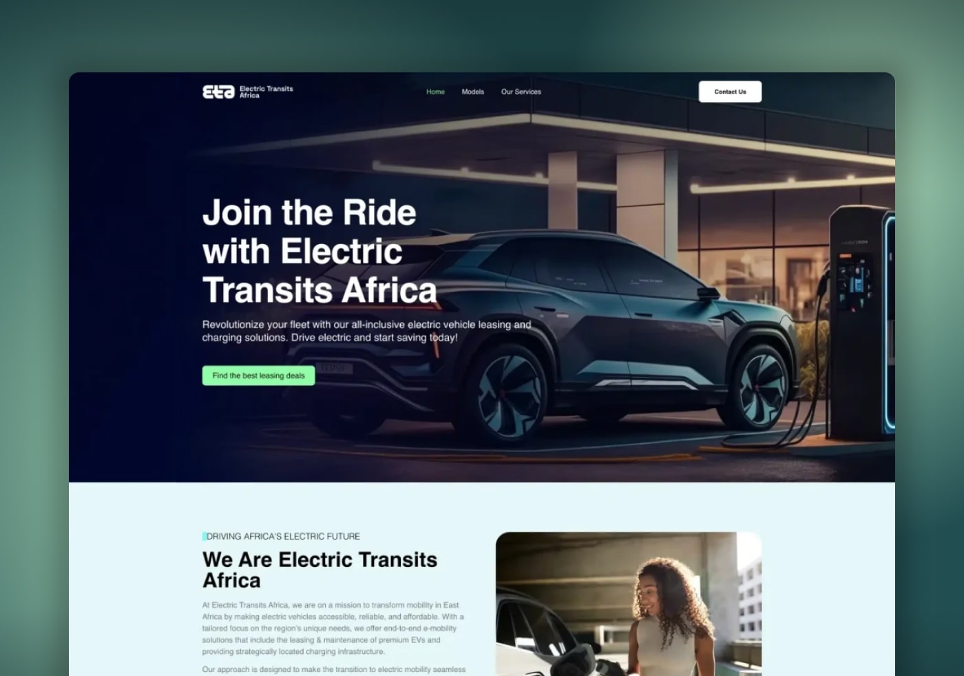 Electric Transits Africa website headed Join the Ride, showing an electric car at a charging point