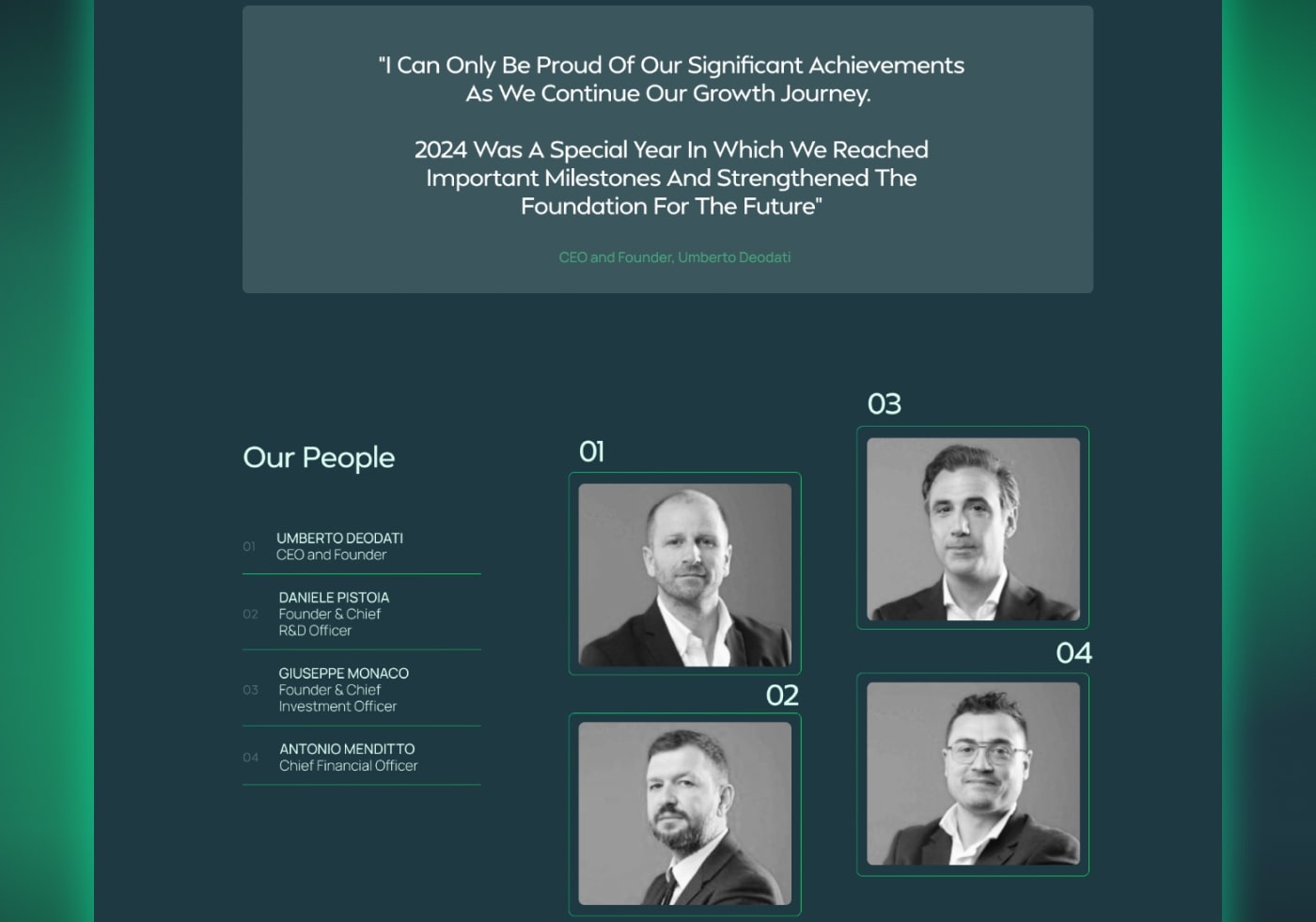 Energy brand website section headed Our People, showing a founder quote and portraits of four executives