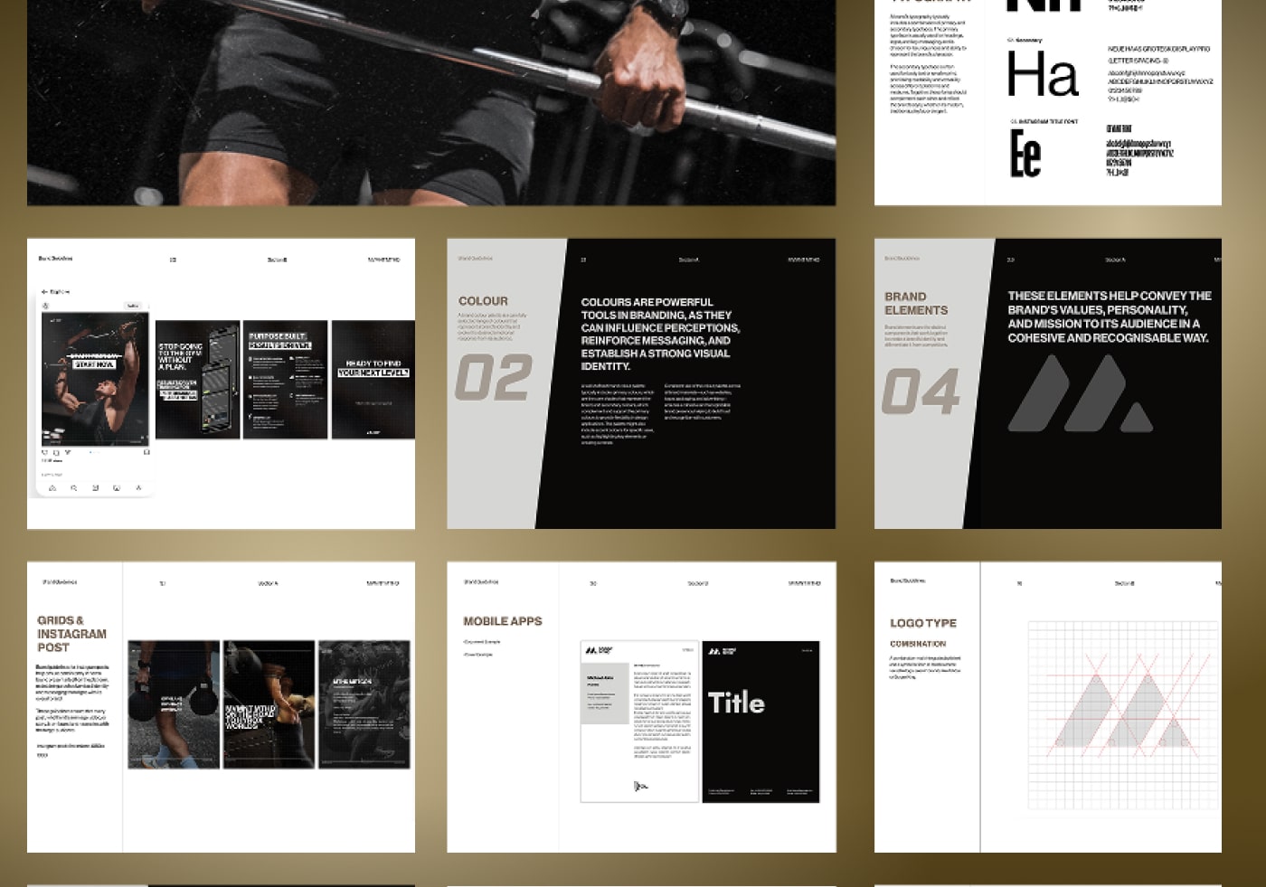 MVMNT MTHD brand guideline spreads covering colour, typography, logo elements and mobile app screens