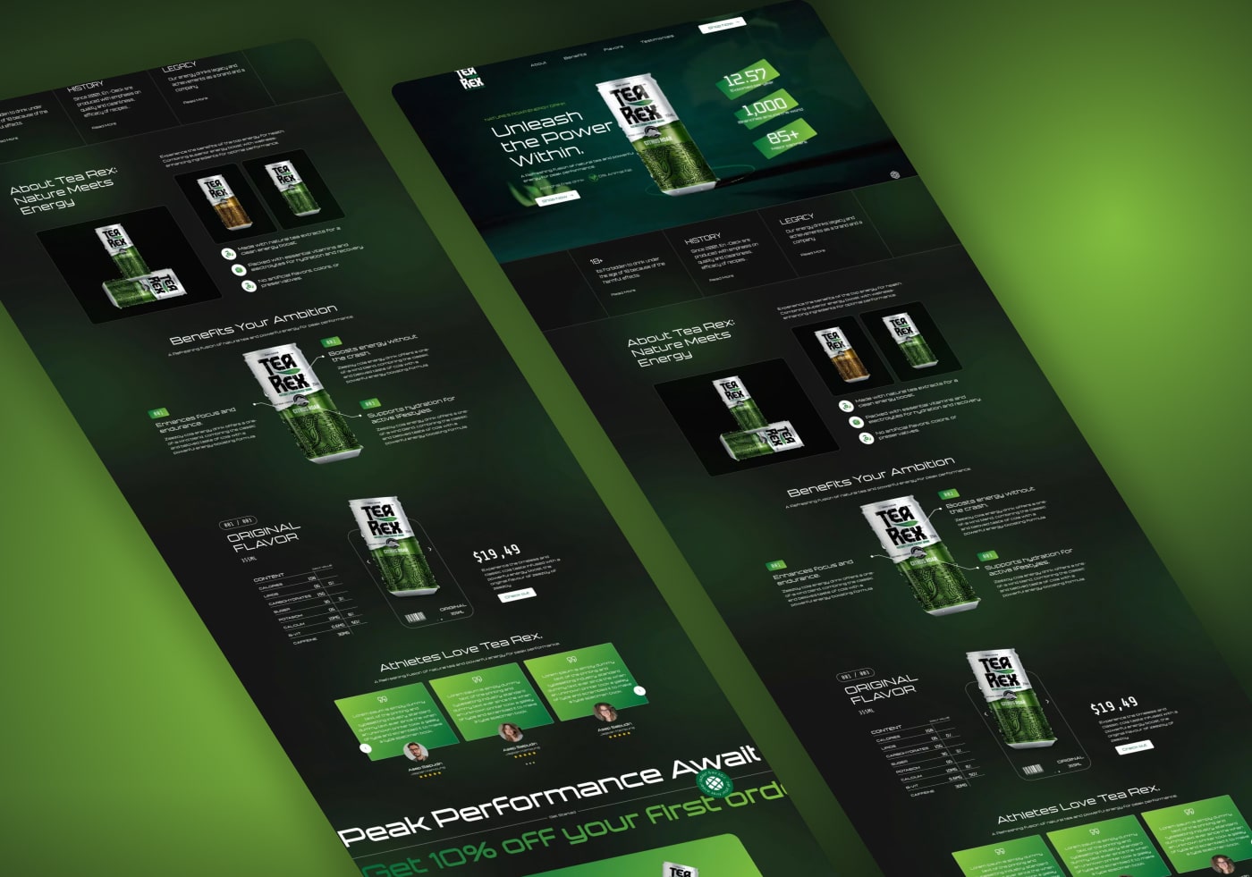 Angled view of Tea Rex website pages promoting the drink range and a first-order discount