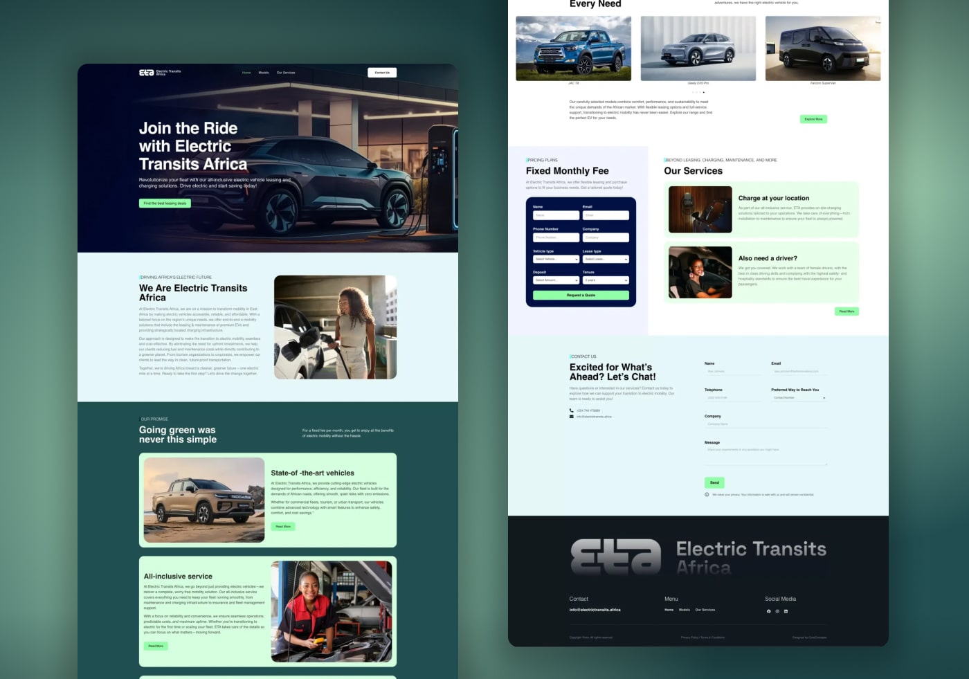 Electric Transits Africa website pages covering the vehicle fleet, fixed mobility fee and service enquiry form