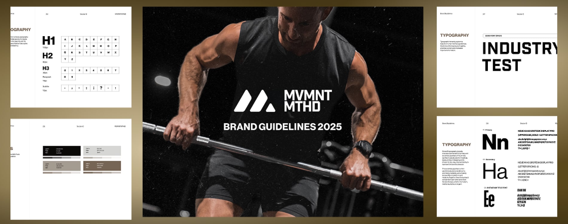 MVMNT MTHD Brand Guidelines 2025 cover spread showing a weightlifter alongside typography specimens