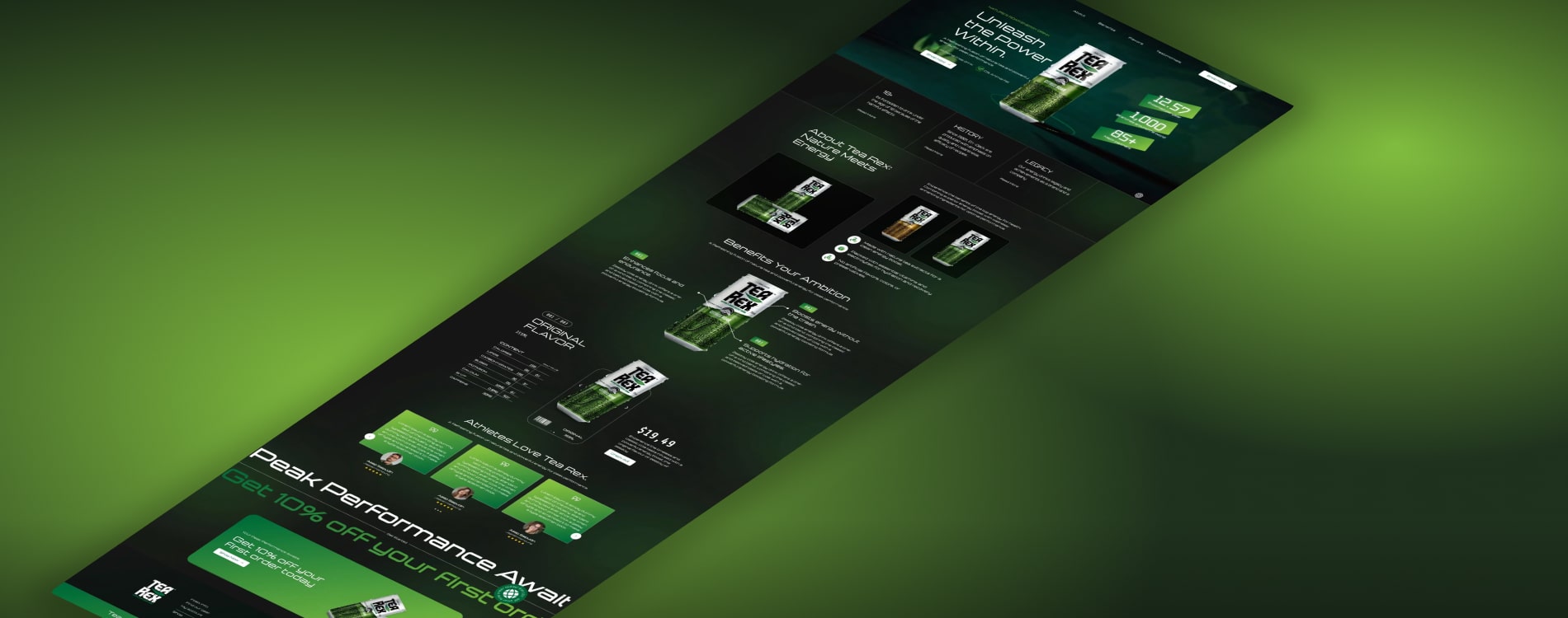 Angled view of dark green Tea Rex website pages