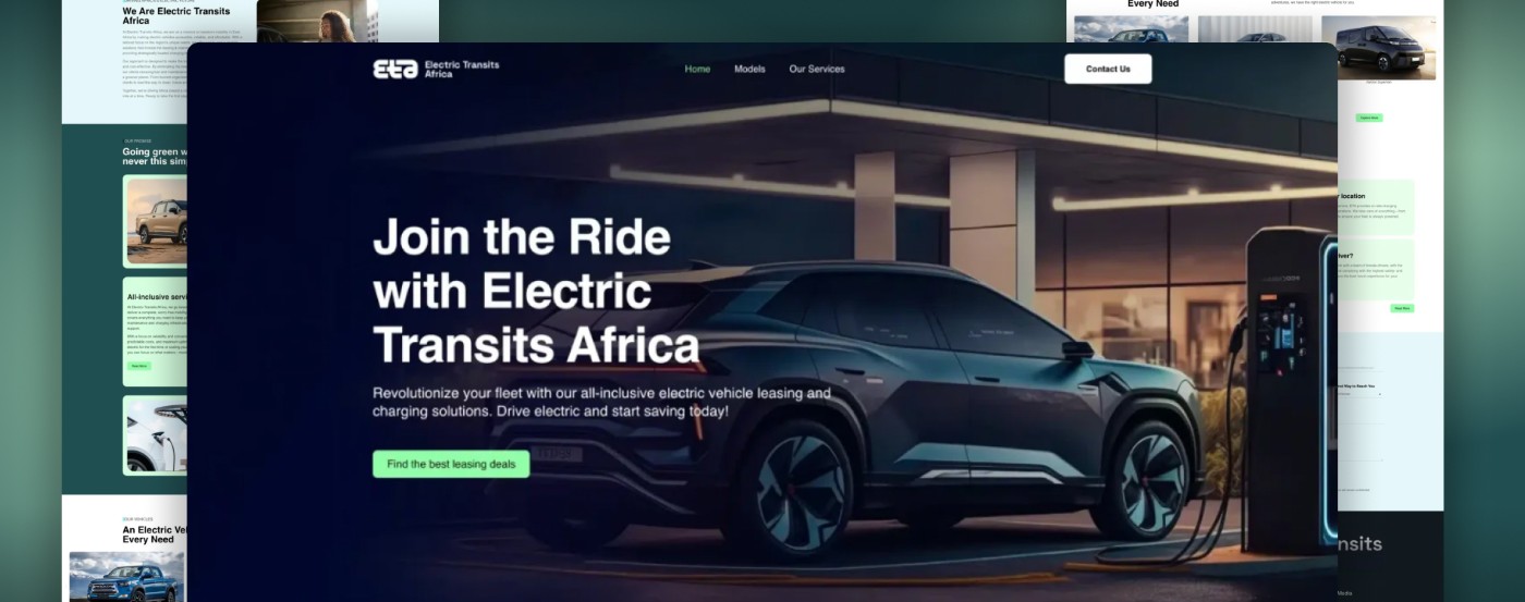 Electric Transits Africa website homepage headed Join the Ride, showing an electric car beside a charging point