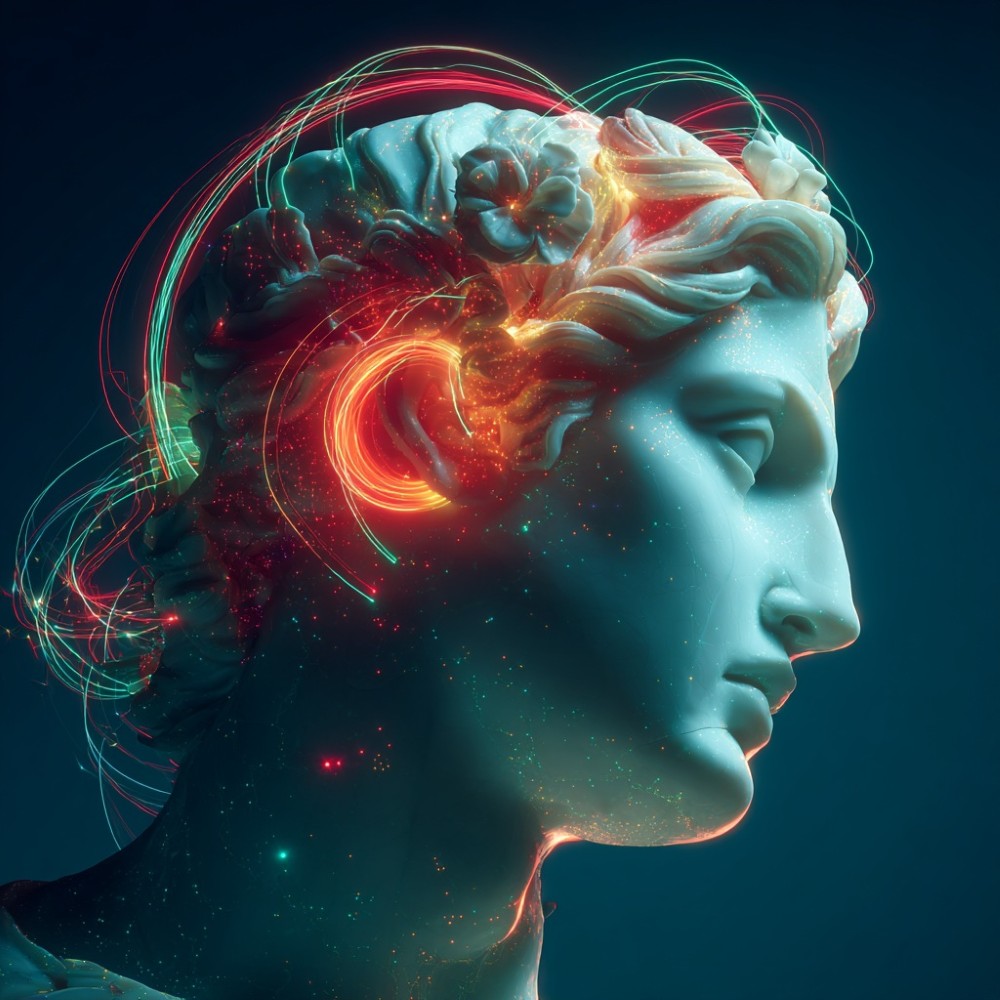 Classical marble bust in profile with swirling orange and green energy around the head
