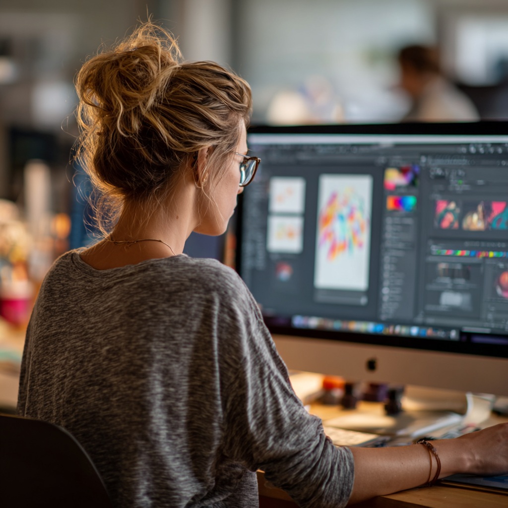 Woman working at a desktop computer, editing colourful artwork in design software