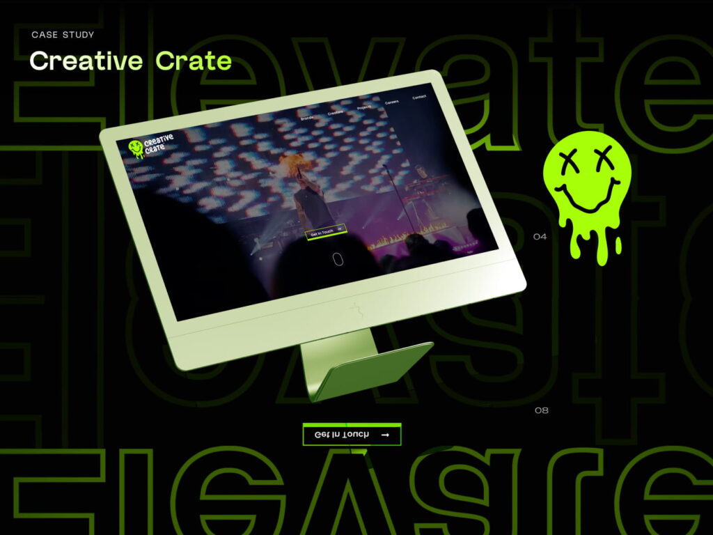 Core Concepts Creative Crate case study shown on a monitor against a lime green background