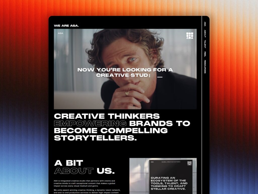 Core Concepts ASA Creative Studio website headed Creative Thinkers Empowering Brands to Become Compelling Storytellers, on a colourful gradient background