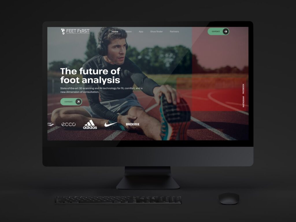 Core Concepts Feet Fyrst website on a desktop monitor, headed The Future of Foot Analysis with Ecco, Adidas and Nike logos