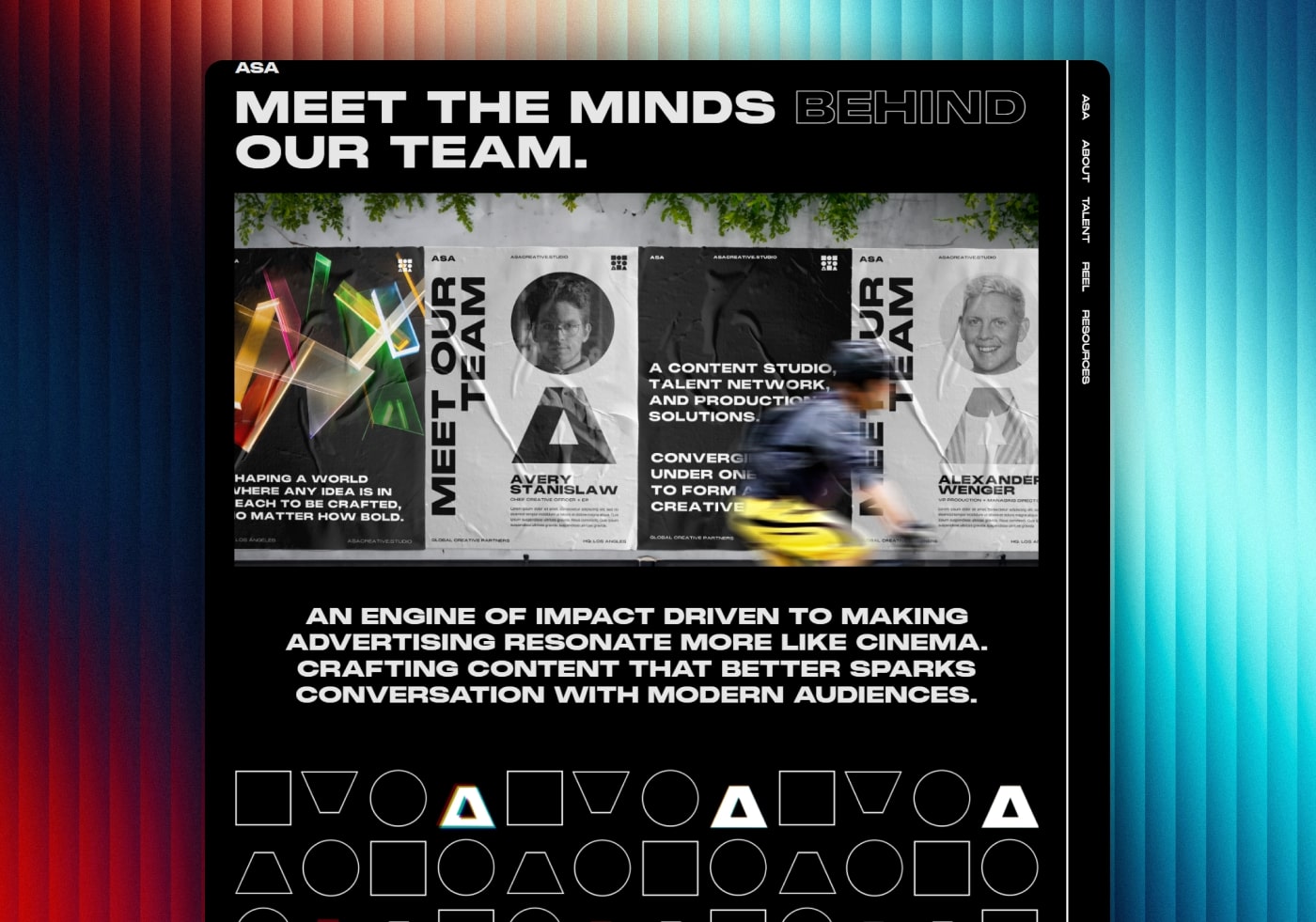 ASA website section headed Meet the Minds Behind Our Team, introducing the studio's people