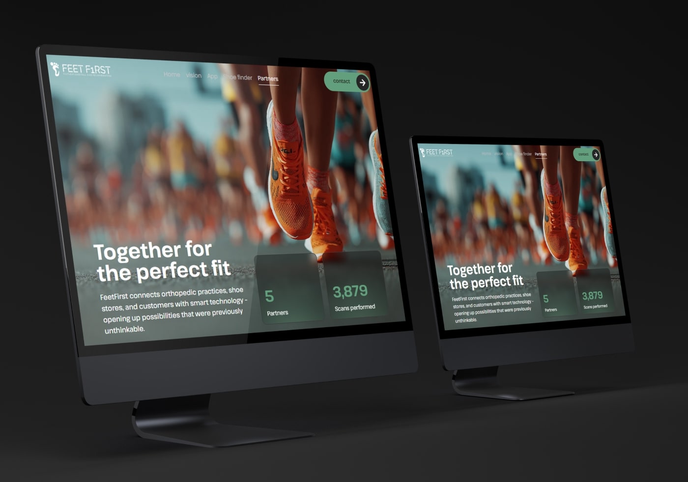Feet Fyrst website shown on a monitor and tablet, headed Together for the Perfect Fit with performance statistics