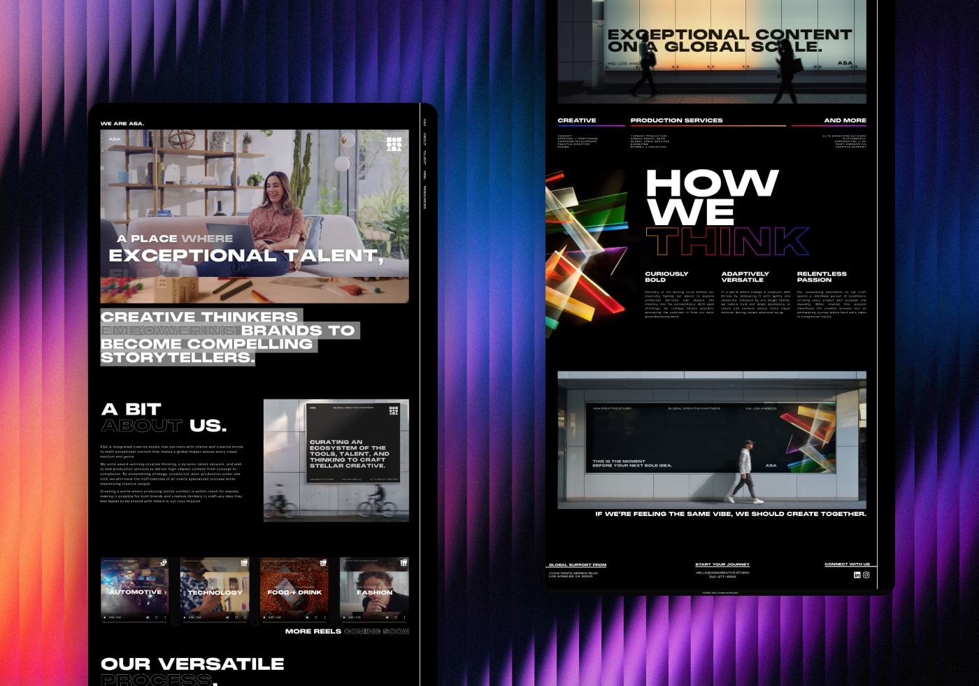 ASA website pages shown across devices, covering exceptional talent and global-scale content