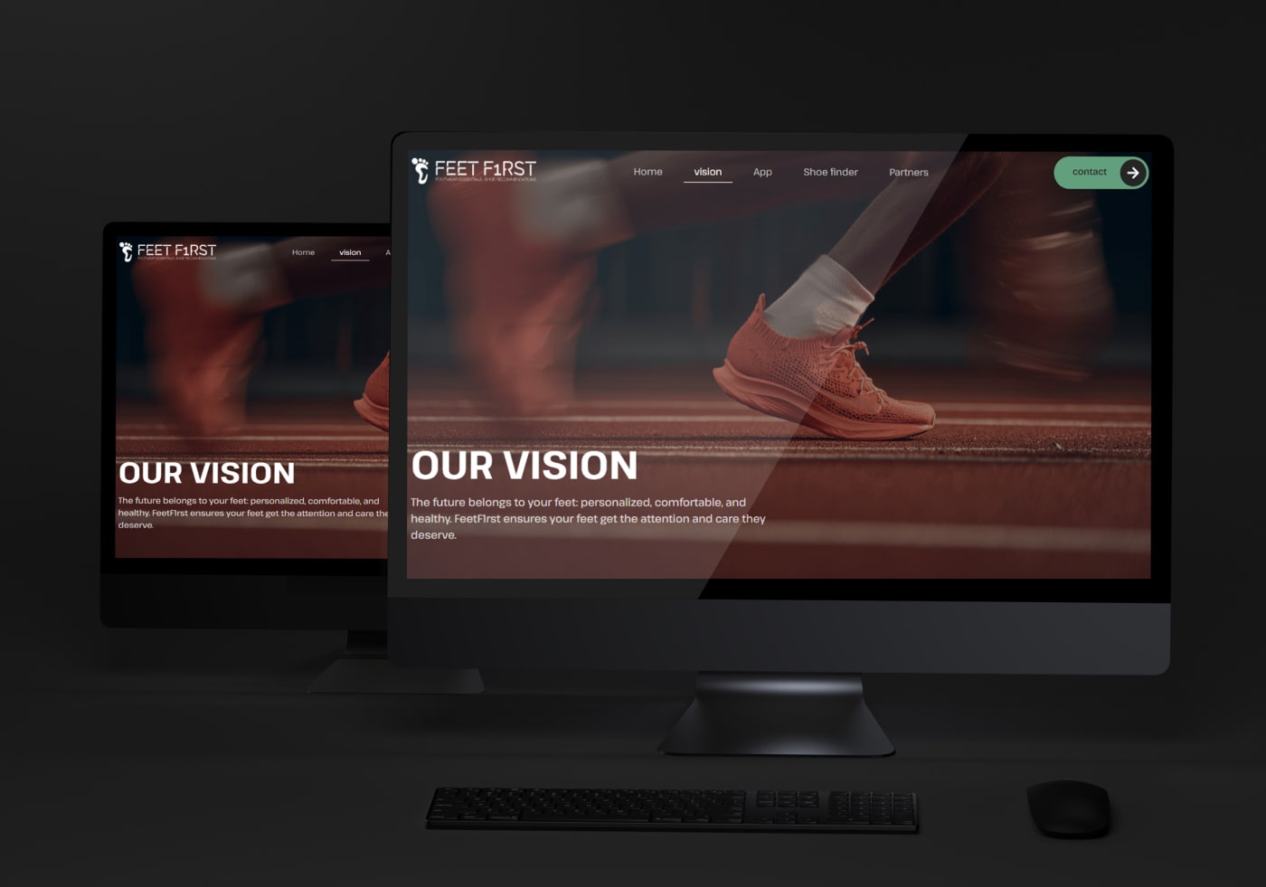 Feet Fyrst Our Vision pages shown on a monitor and laptop, featuring a runner's shoe