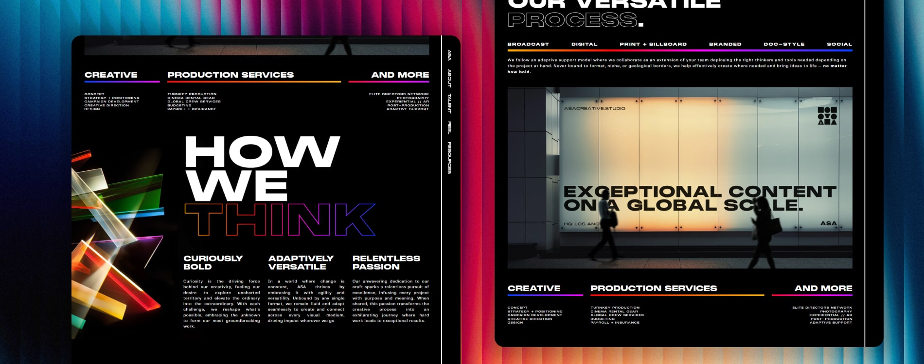ASA website sections headed How We Think and Exceptional Content on a Global Scale