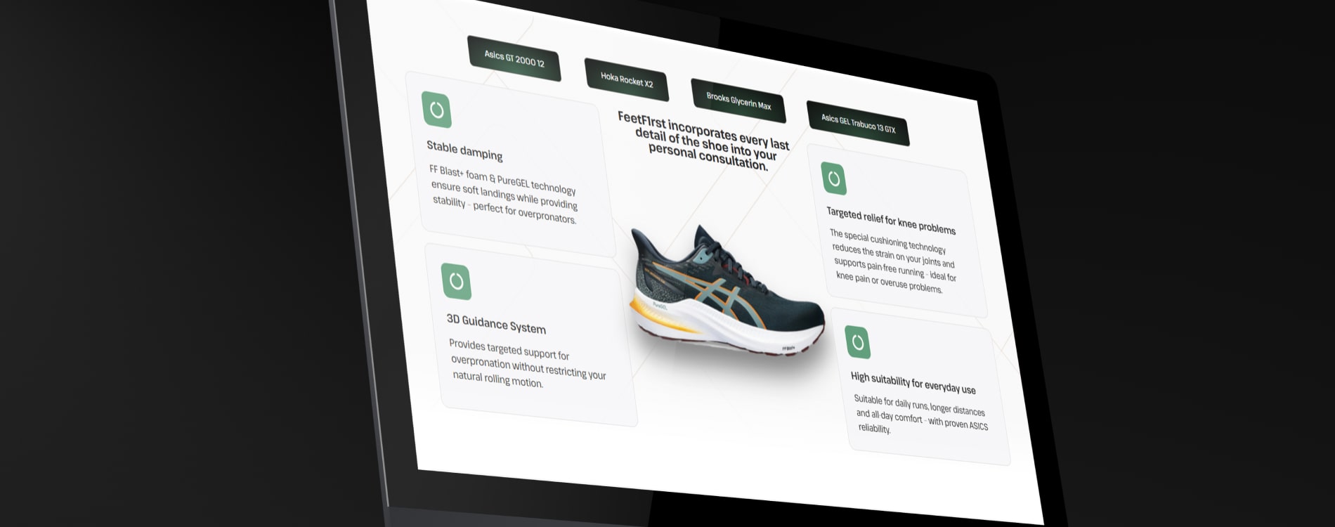 Feet Fyrst product page showing a running shoe alongside its fitting benefits