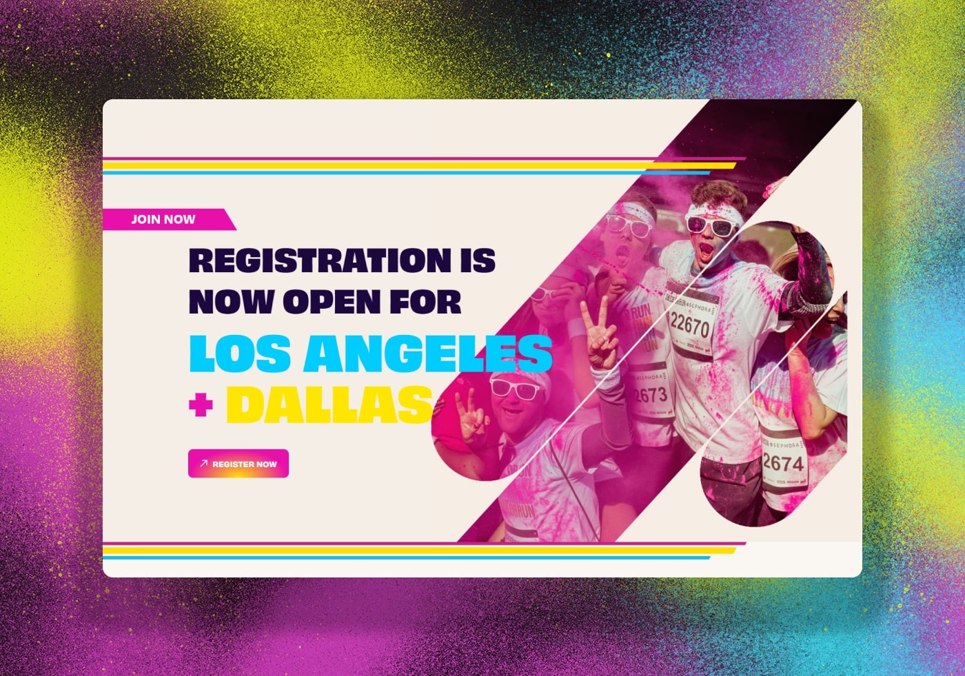 The Color Run website announcing that registration is now open for Los Angeles and Dallas