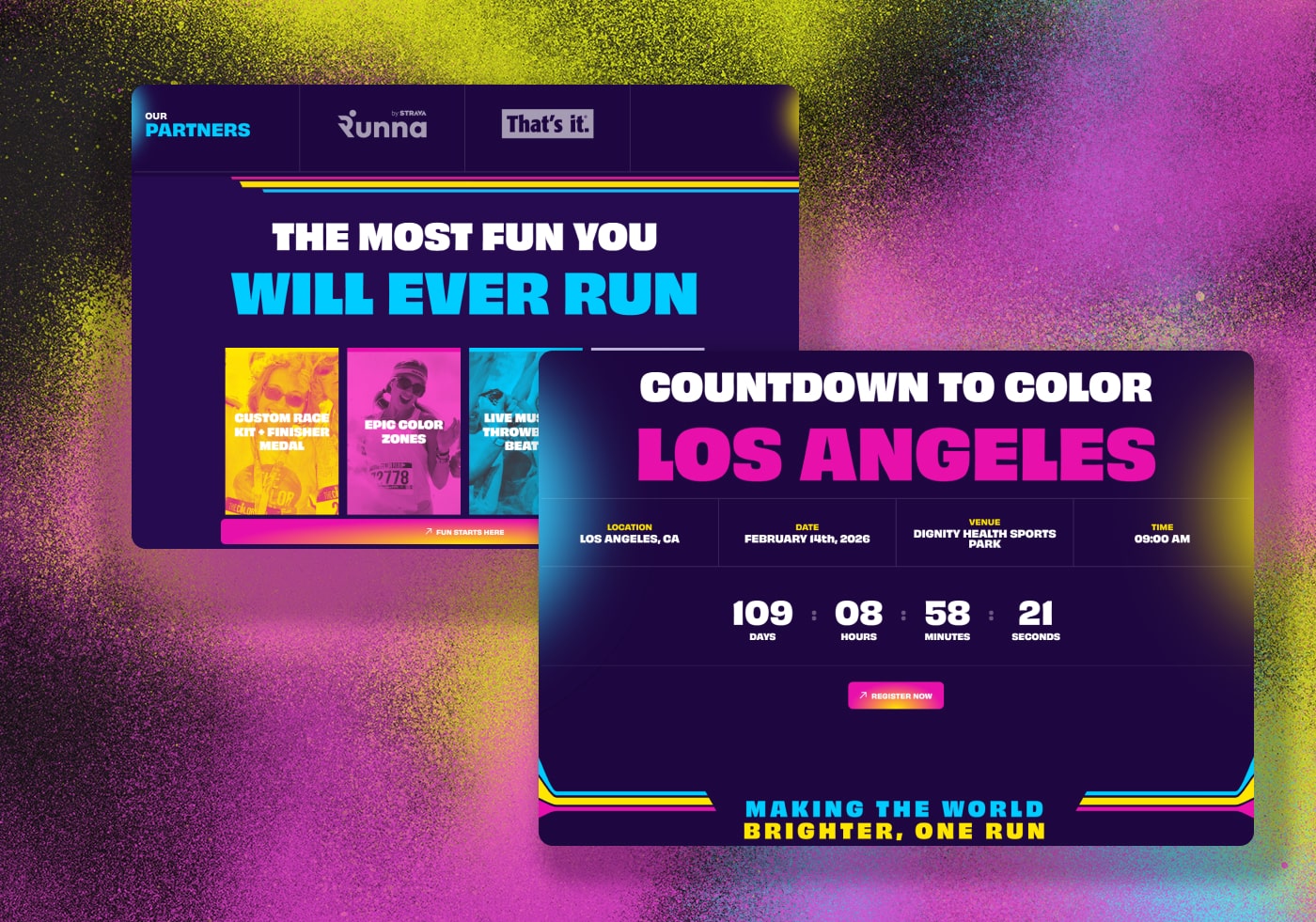 The Color Run pages headed The Most Fun You Will Ever Run, with a countdown to the Los Angeles event