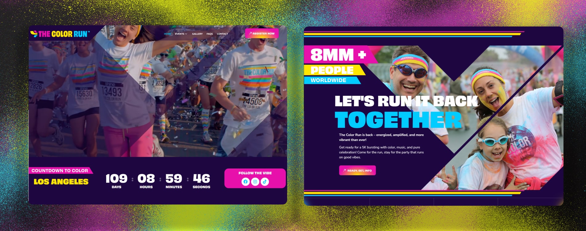 The Color Run event pages showing participants covered in coloured powder and a Let's Run It Back Together banner