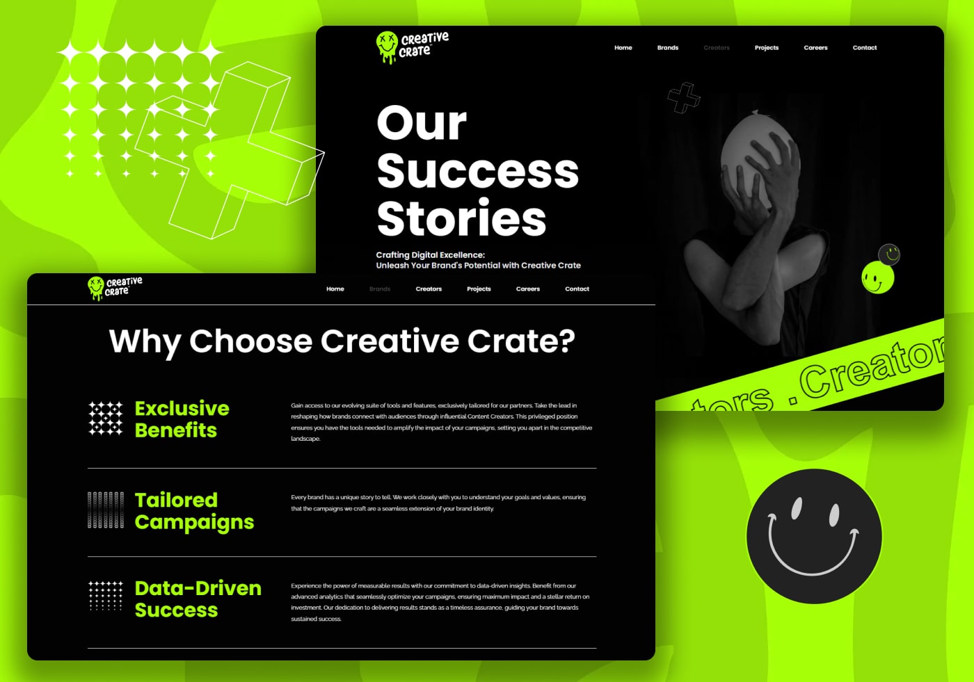 Creative Crate website pages headed Our Success Stories and Why Choose Creative Crate, listing exclusive benefits, tailored campaigns and data-driven success