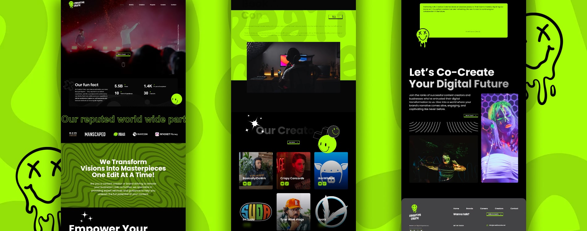 Creative Crate website screens on a lime green background, headed Let's Co-Create Your Digital Future