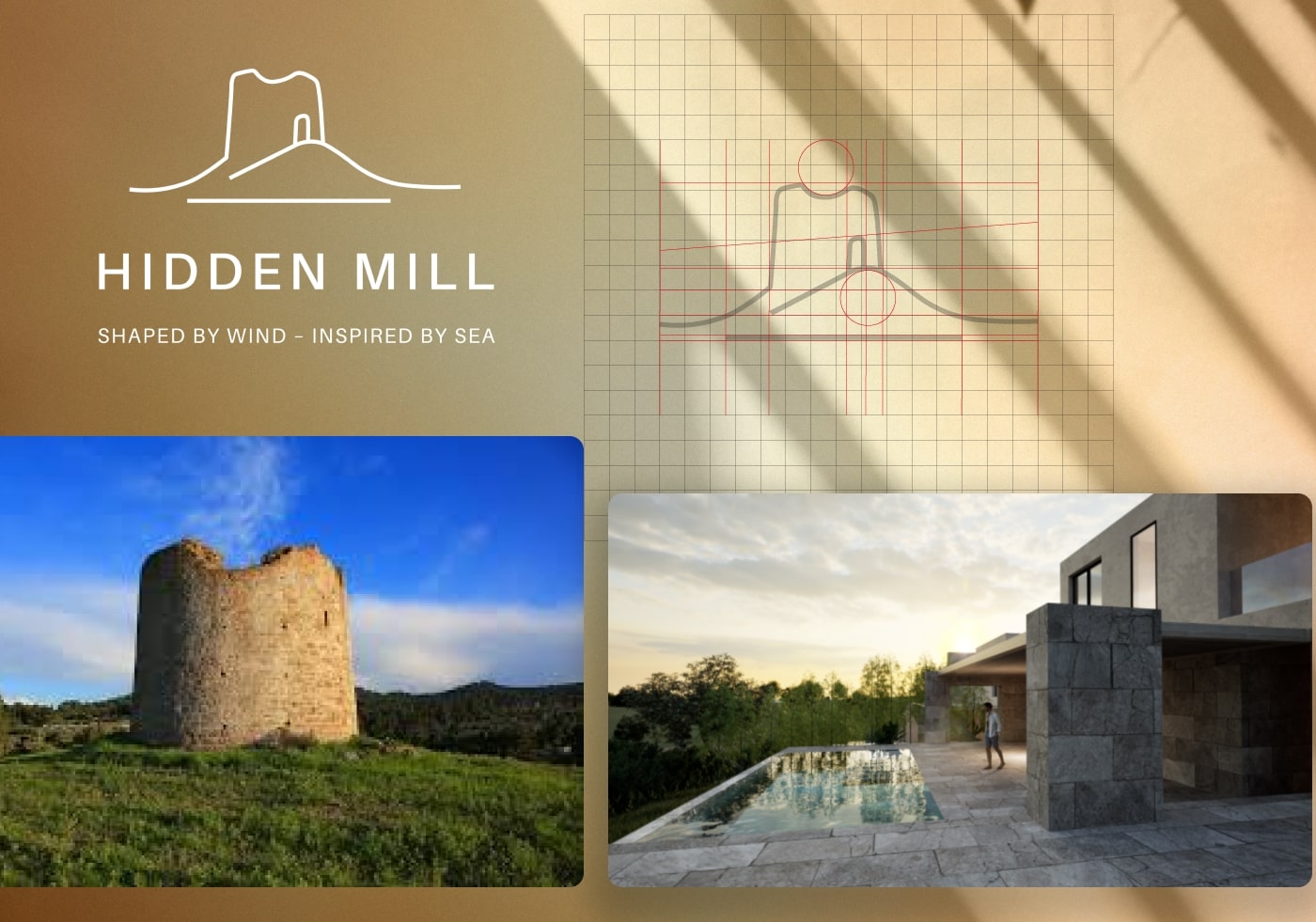 Hidden Mill brand board for Olea Estate, pairing the logo with photographs of a stone windmill and a modern villa