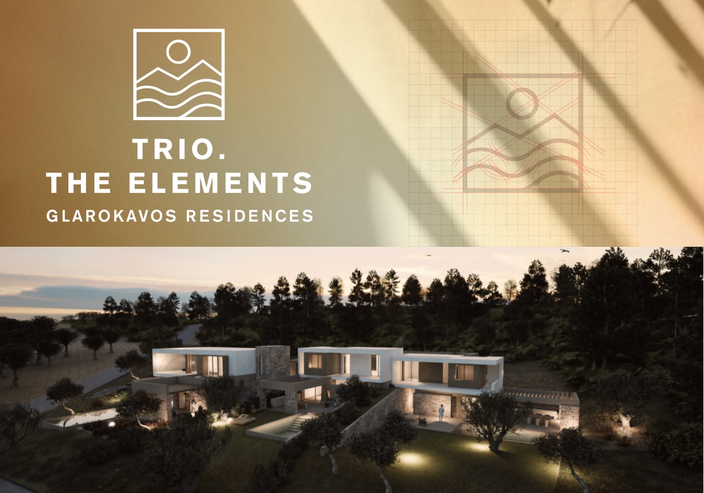 Trio. The Elements brand board for Glarokavos Residences, showing the logo above a rendering of a modern villa