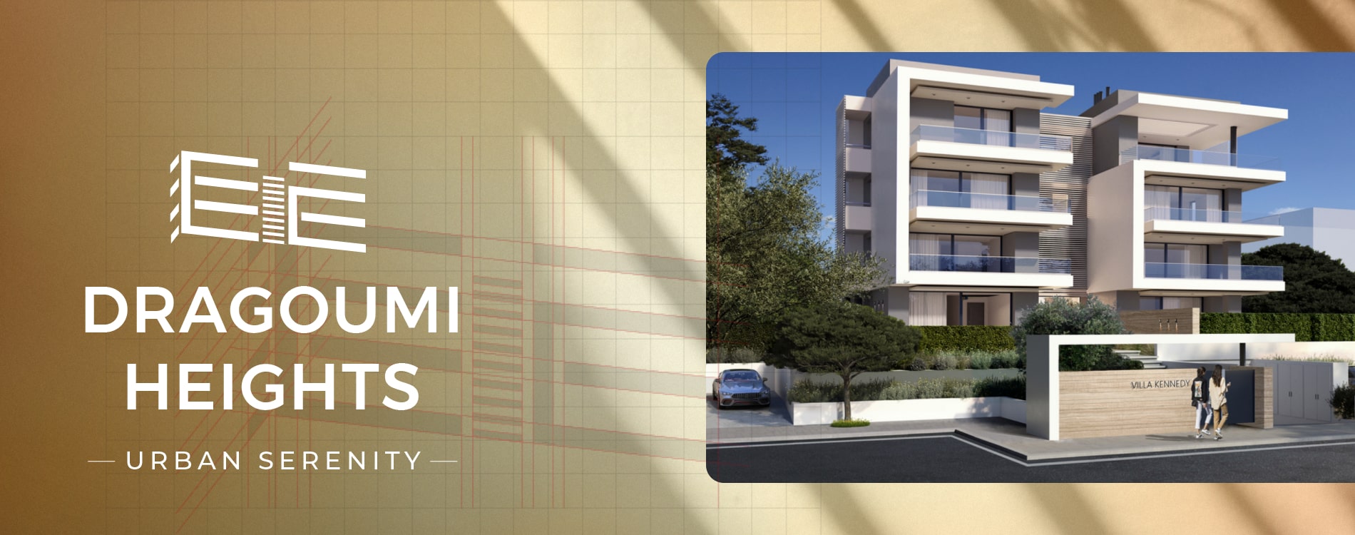 Dragoumi Heights brand board showing the logo beside a rendering of a modern apartment building