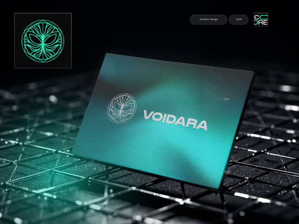 Core Concepts Voidara brand identity shown as a teal metallic card on a dark circuit background