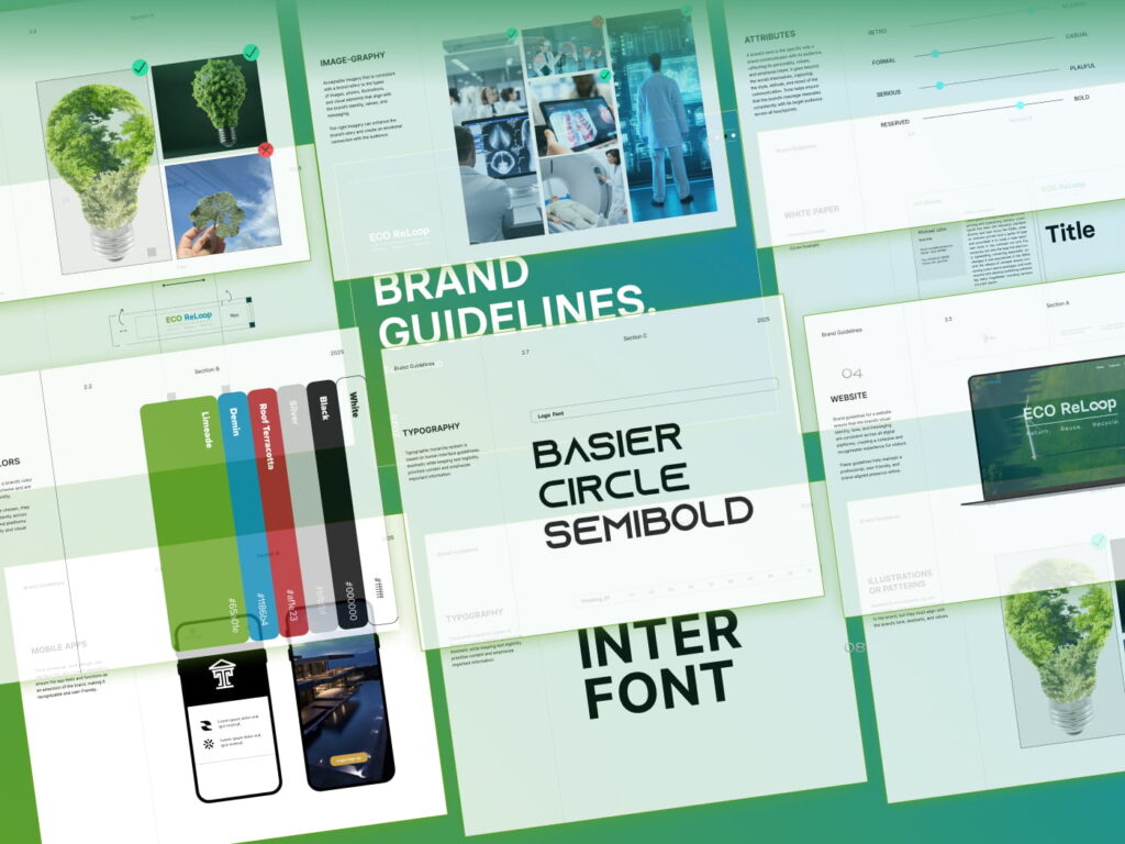 Core Concepts Eco ReLoop brand guidelines spreads showing colour, typography and packaging applications in green