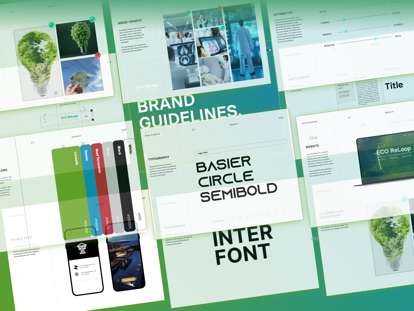 Core Concepts Eco ReLoop brand guidelines spreads showing colour, typography and packaging applications in green