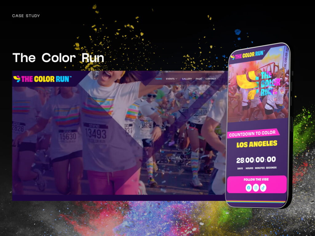 Core Concepts The Color Run case study showing festival participants covered in coloured powder beside the event website on a phone