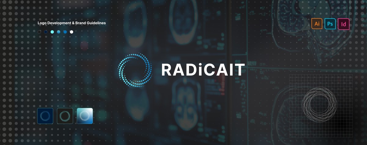 Radicait logo development and brand guidelines cover on a dark technical background