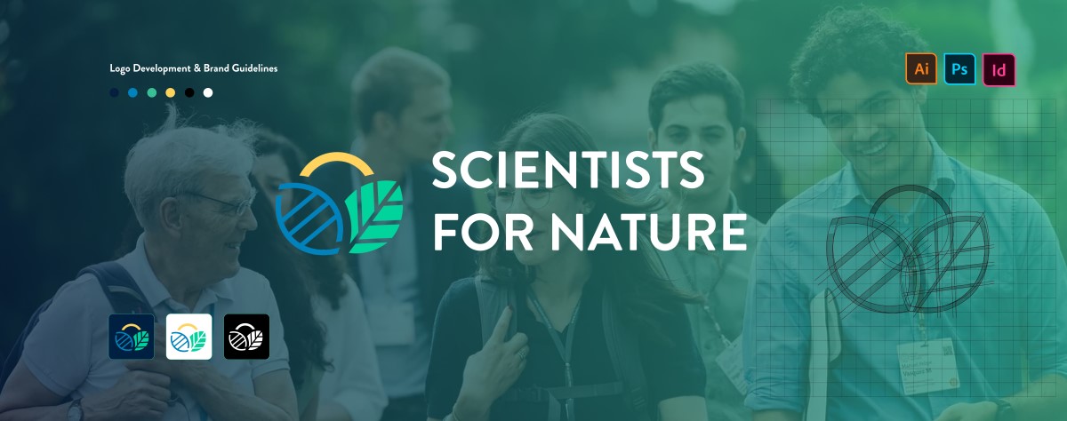 Scientists for Nature logo over a photograph of researchers, on a green gradient background