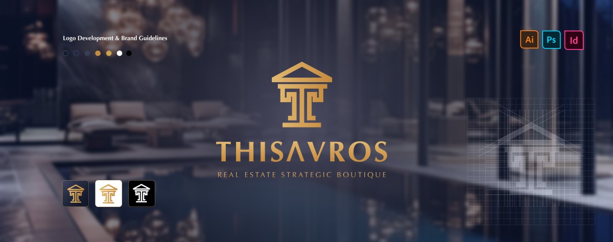 Thisavros Real Estate Strategic Boutique logo in gold over a dark city backdrop
