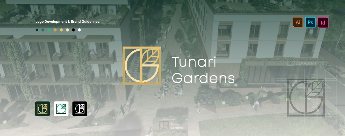 Tunari Gardens logo in gold over a photograph of a residential building