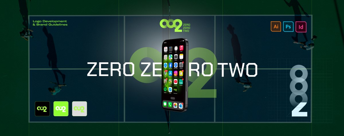 Zero Zero Two brand guidelines showing the wordmark and logo alongside a phone mockup