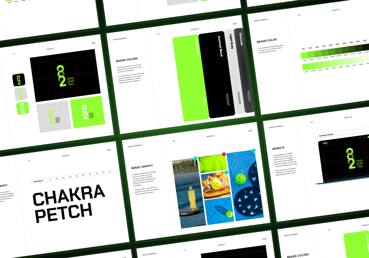 Zero Zero Two brand guidelines spreads showing brand colours, packaging and the Chakra Petch typeface