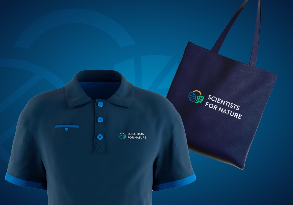 Scientists for Nature logo applied to a blue polo shirt and a navy tote bag