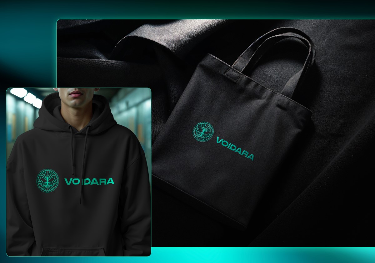 Voidara logo applied to a black hoodie and tote bag on a teal background