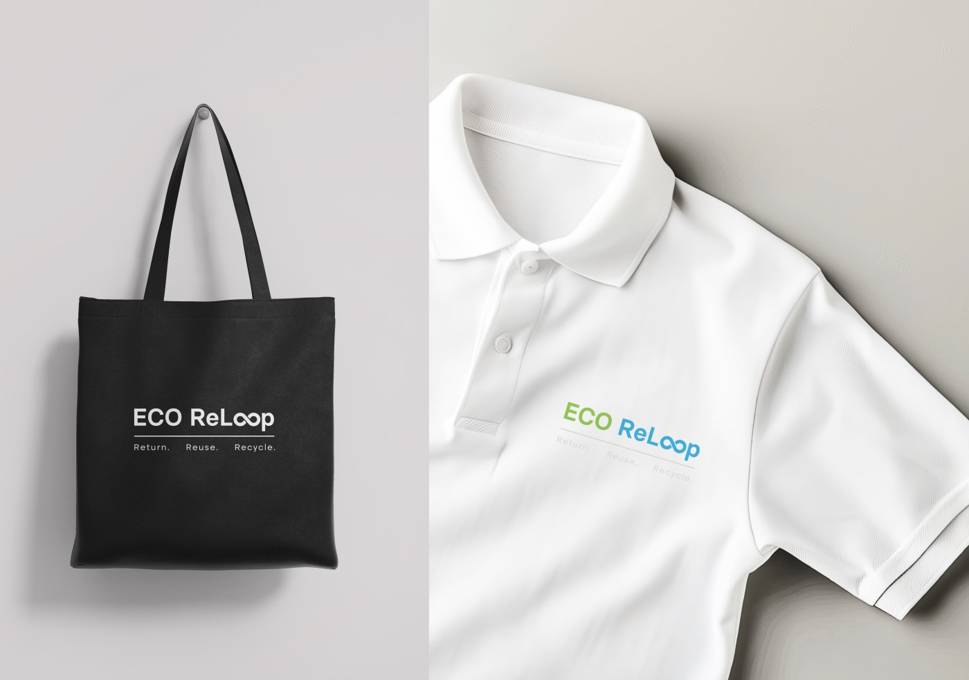 Eco ReLoop logo applied to a black tote bag and a white polo shirt