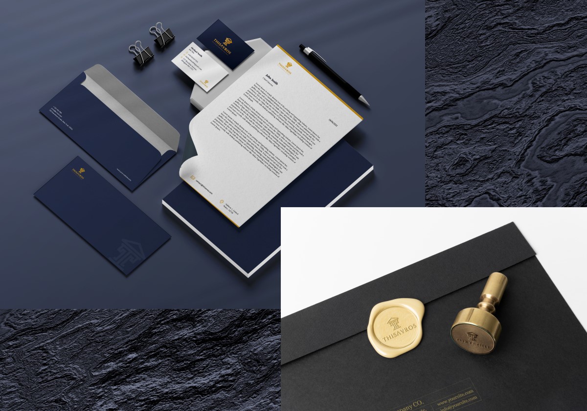 Thisavros stationery set in navy and gold, including business cards, letterhead and a wax seal