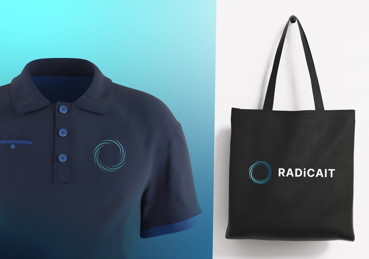 Radicait logo applied to a navy polo shirt and a black tote bag