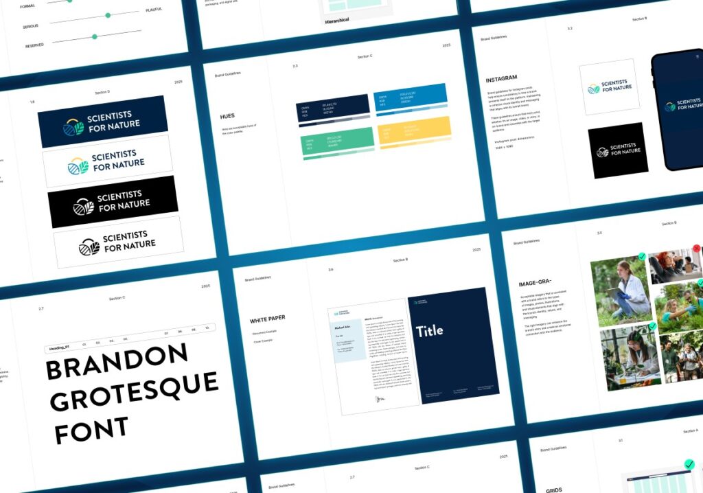 Scientists for Nature brand guidelines spreads showing logo variants, colour palette and the Brandon Grotesque typeface