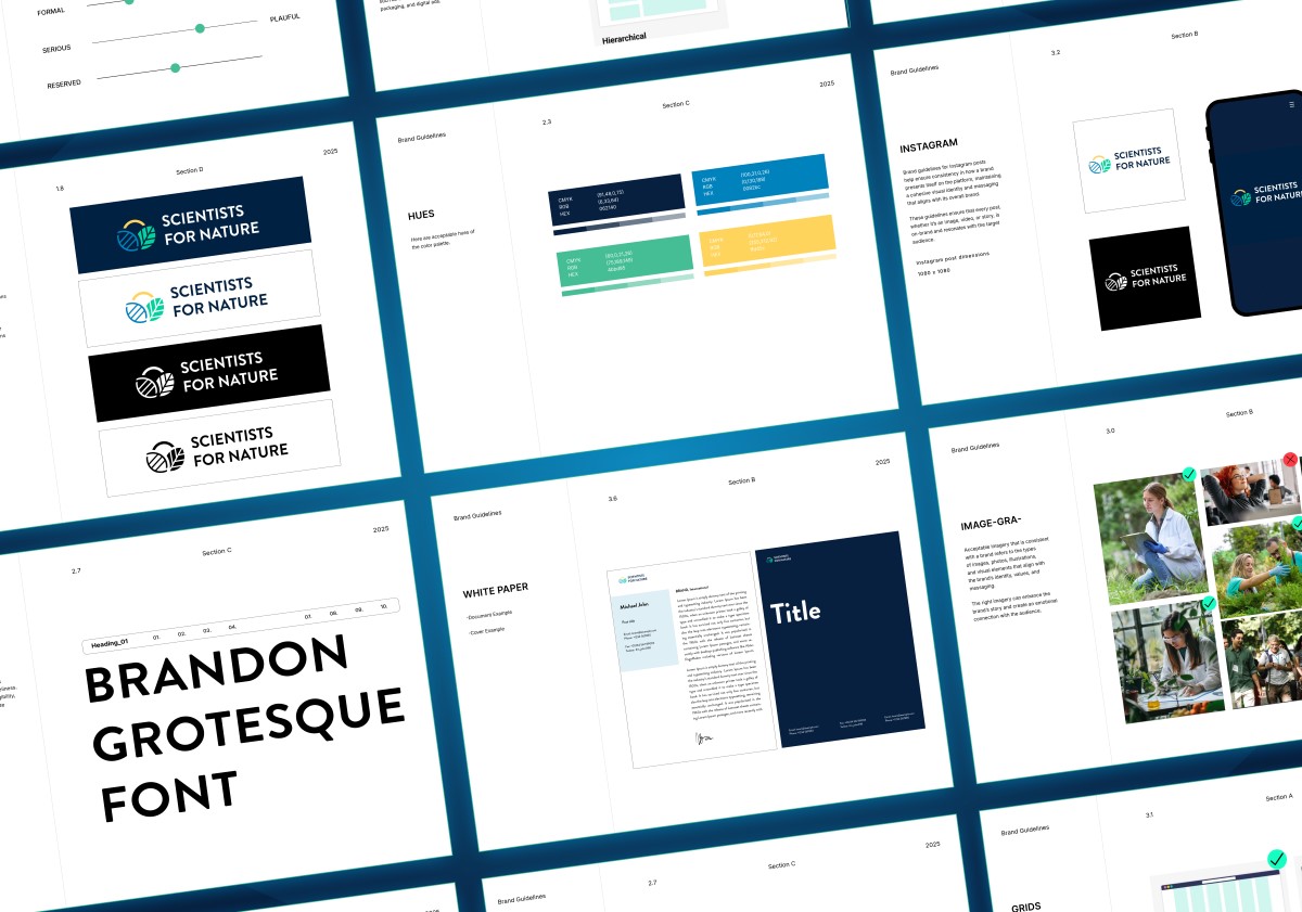 Scientists for Nature brand guidelines spreads showing logo variants, colour palette and the Brandon Grotesque typeface