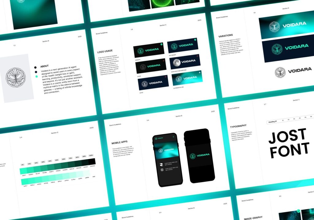 Voidara brand guidelines spreads showing logo construction, app screens and the Jost typeface